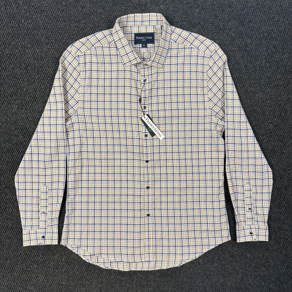 Paisley & Gray Dress Shirt NWT Mens XL Slim Fit Tan Blue Plaid Long Sleeve